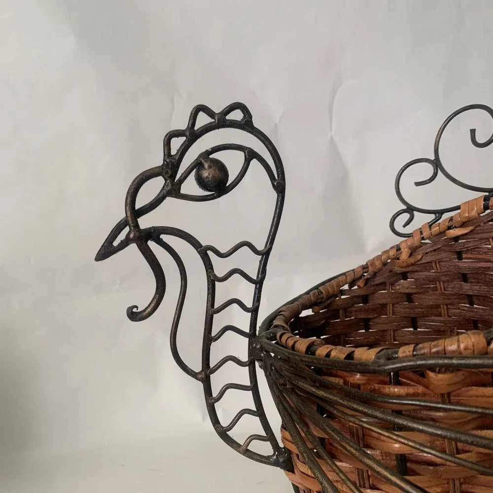 Woven Rattan Metal Turkey Decorative Basket Brown Fall Farmhouse Thanksgiving